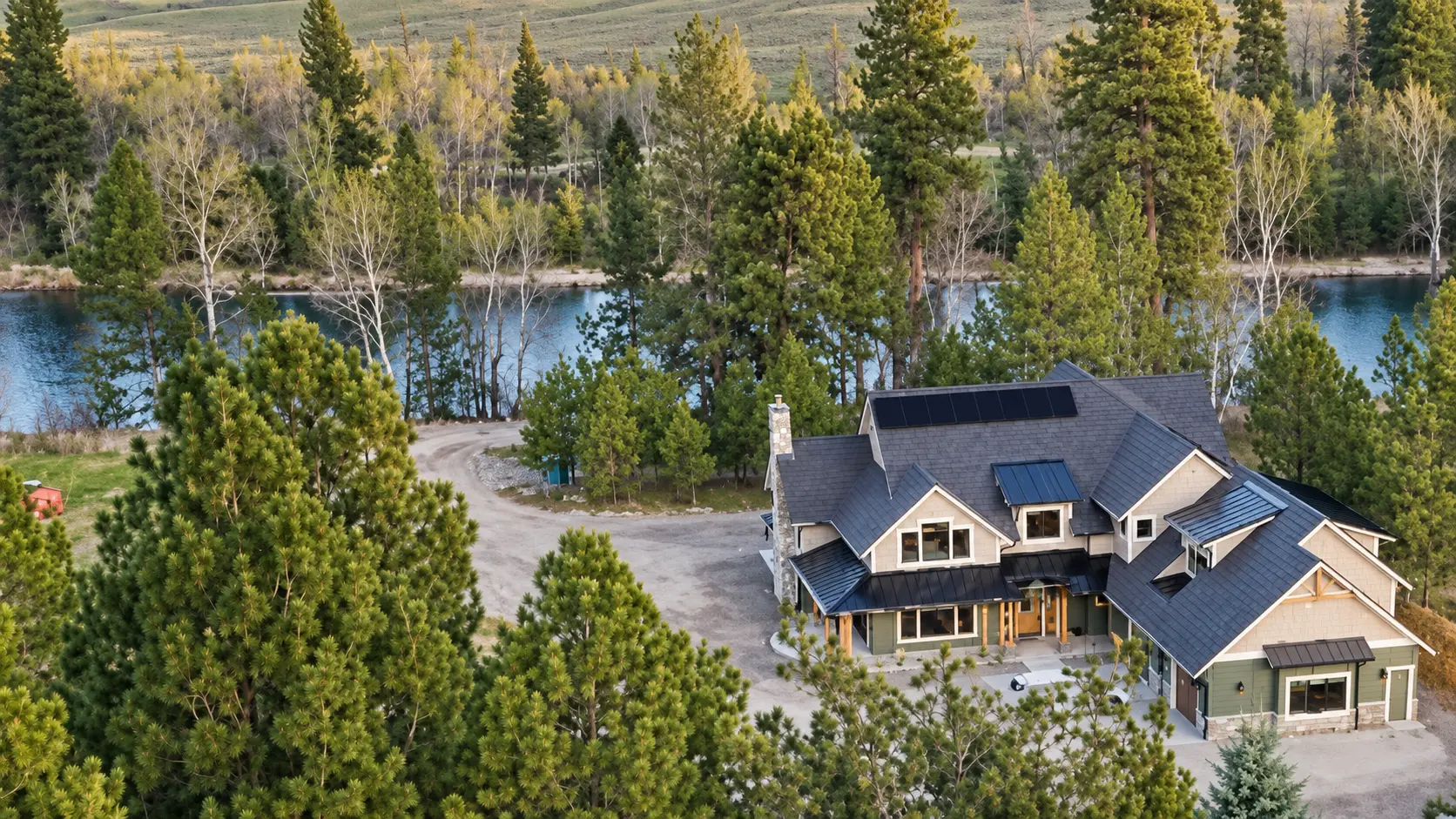 Aerial view of Peaceful River Retreat & Event Center beside the Bitterroot River